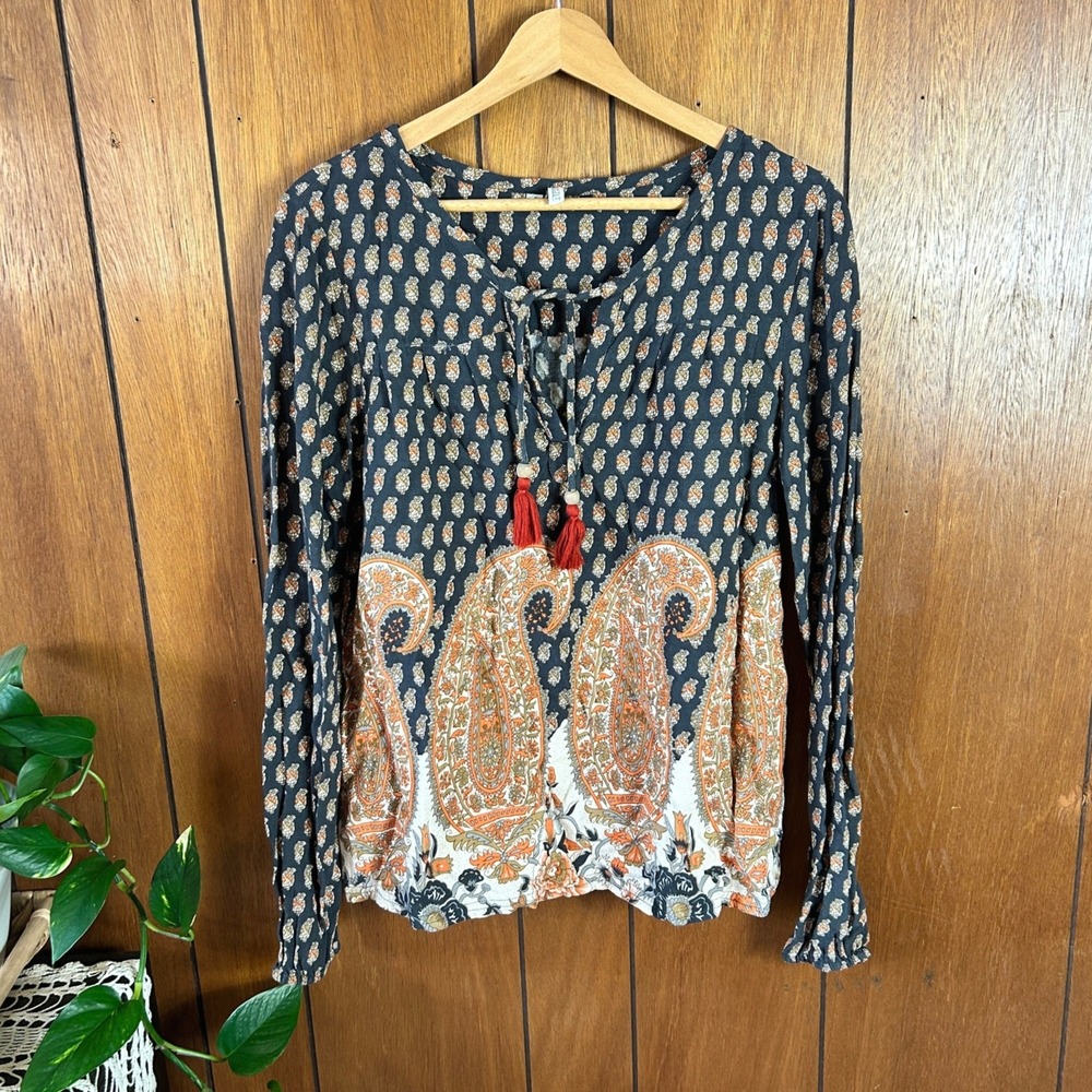 Element‎ Eden Womens Paisley Print Tassel Tie Peasant Blouse Orange Black Boho